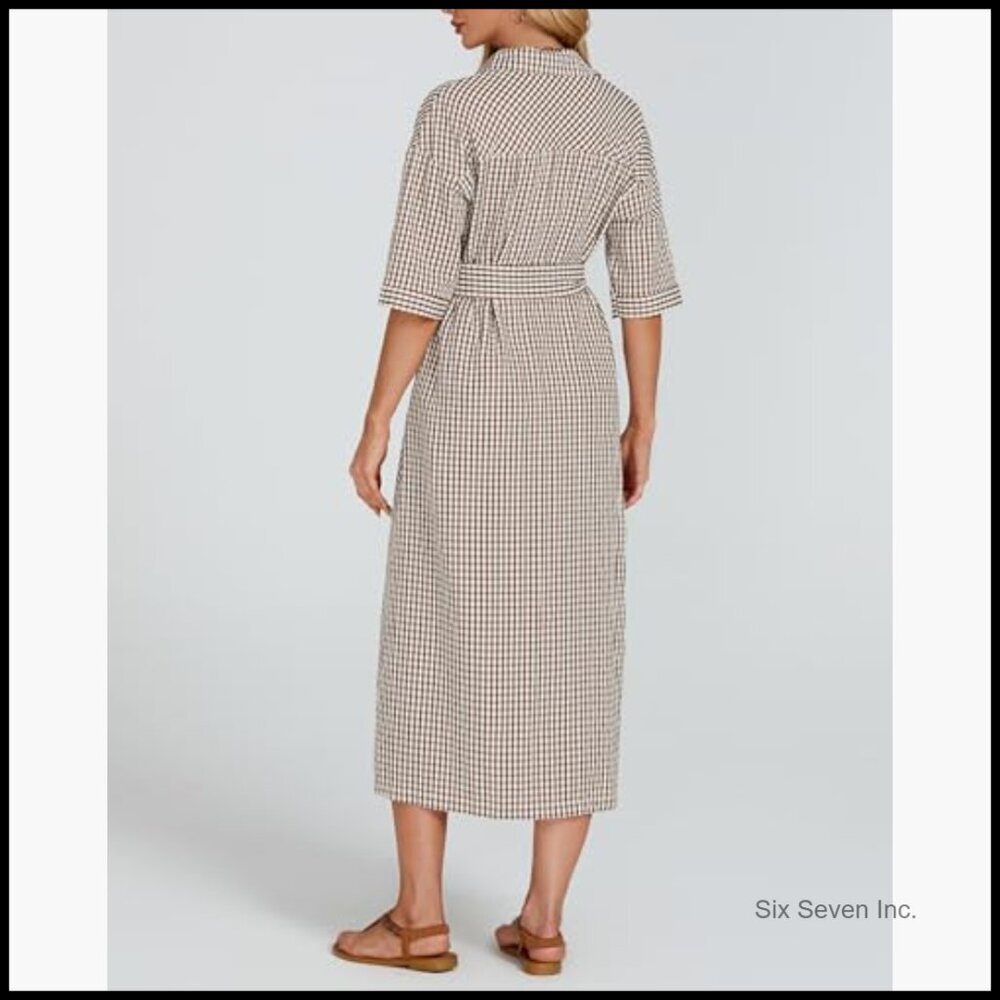 Half Sleeve Plaid Maxi Dress with Removable Belt and Pockets - Picture 5 of 7